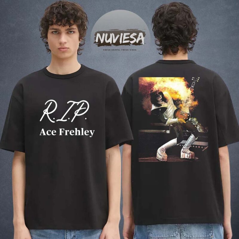 Ace Frehley Merch Rip Fire Guitar Of Kiss Band Two Sided Unisex T Shirt